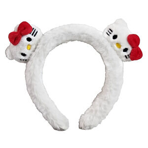 Hello Kitty Adorable Plush Furry Fuzzy Soft Headband White with Red Bows Sanrio
